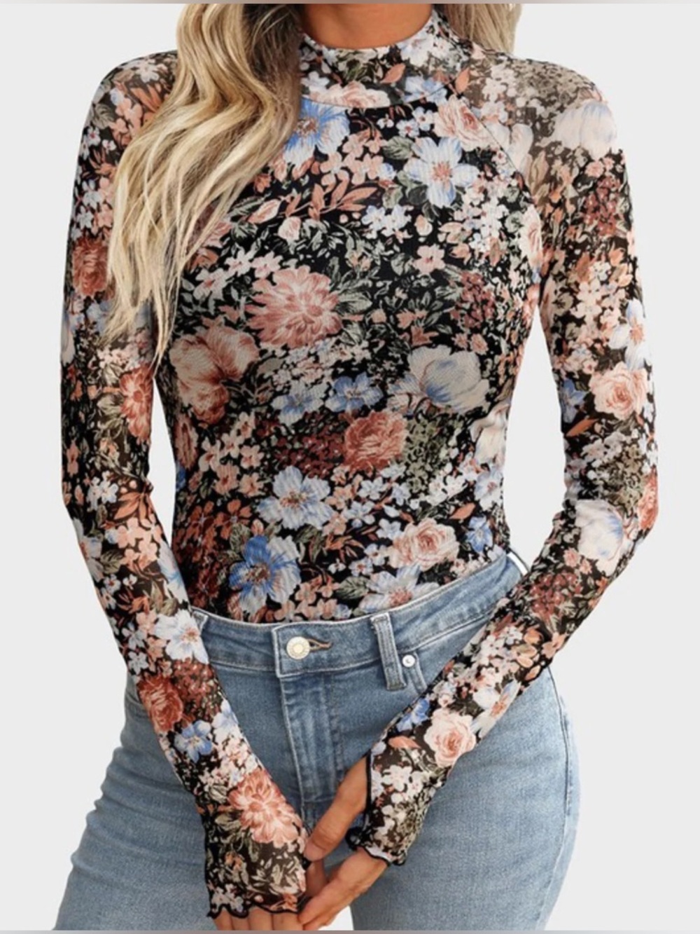 Sheer Floral Long-Sleeve Mesh Top in Black with Pink & Blue Flowers
